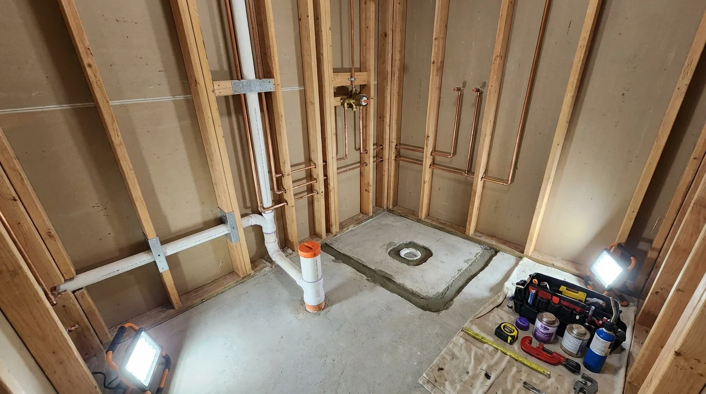 Bathroom rough-in plumbing during remodel by Johns Plumbing LLC in Porterdale