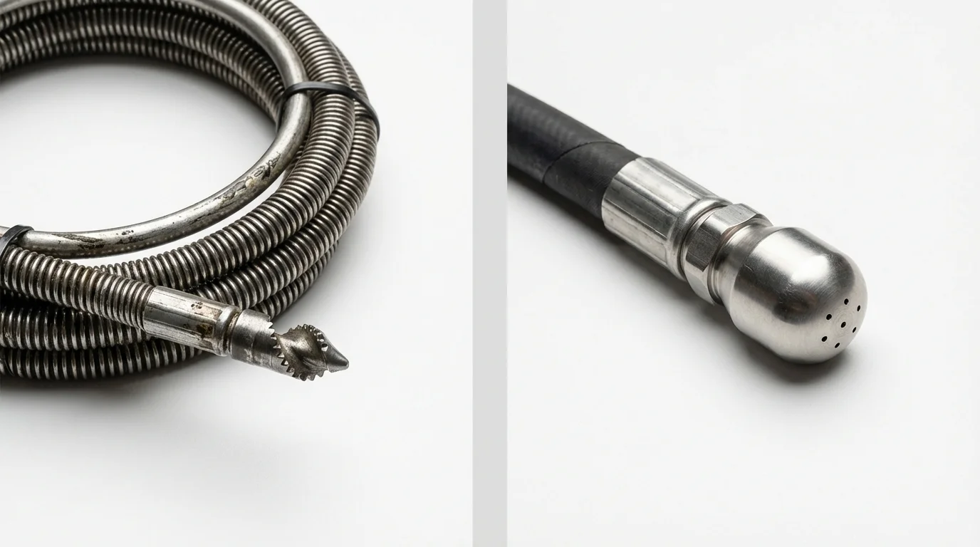 Drain snake cable and hydro jetting nozzle used for drain cleaning in Porterdale, GA