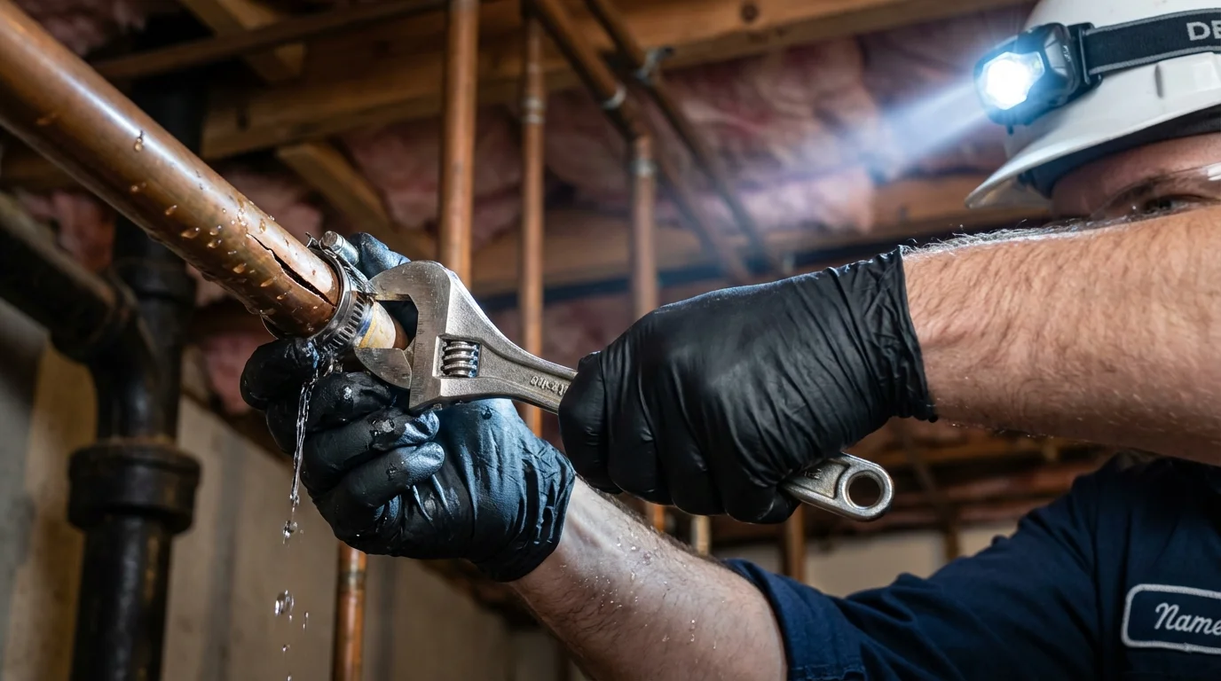 Emergency pipe clamp repair being performed by a Johns Plumbing LLC plumber in Porterdale