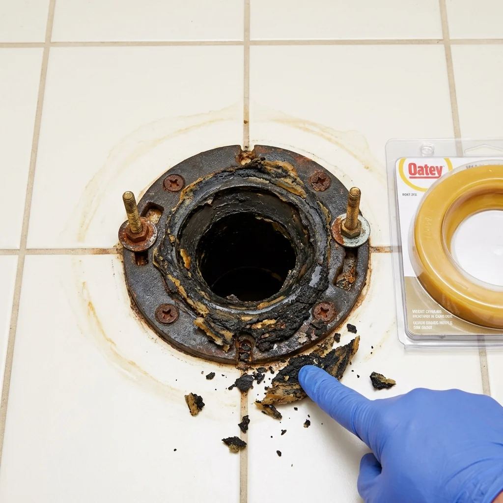 Failed wax ring showing water seepage at the base of a toilet in a Porterdale, GA home